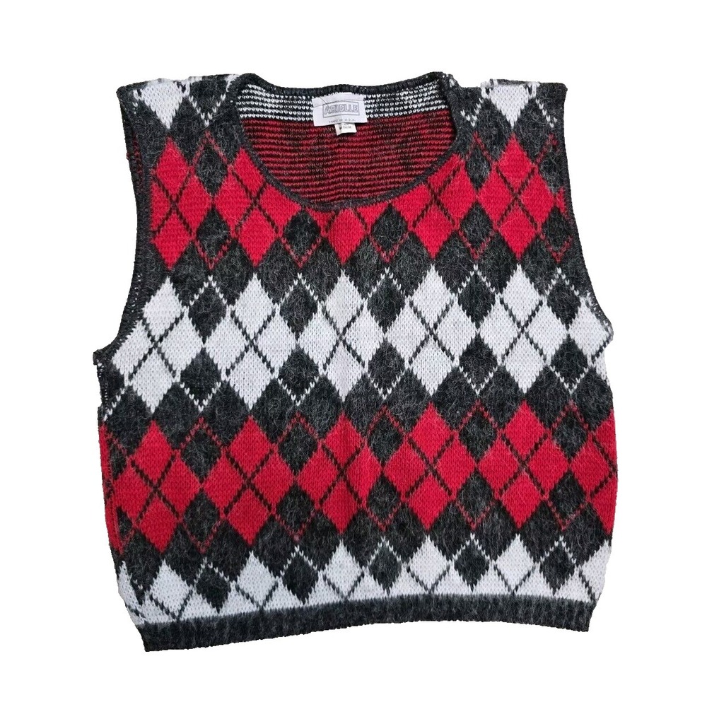 Vintage Women's Vest Sweater  Acrylic  Angyle Arielle M Red Gray Knit
